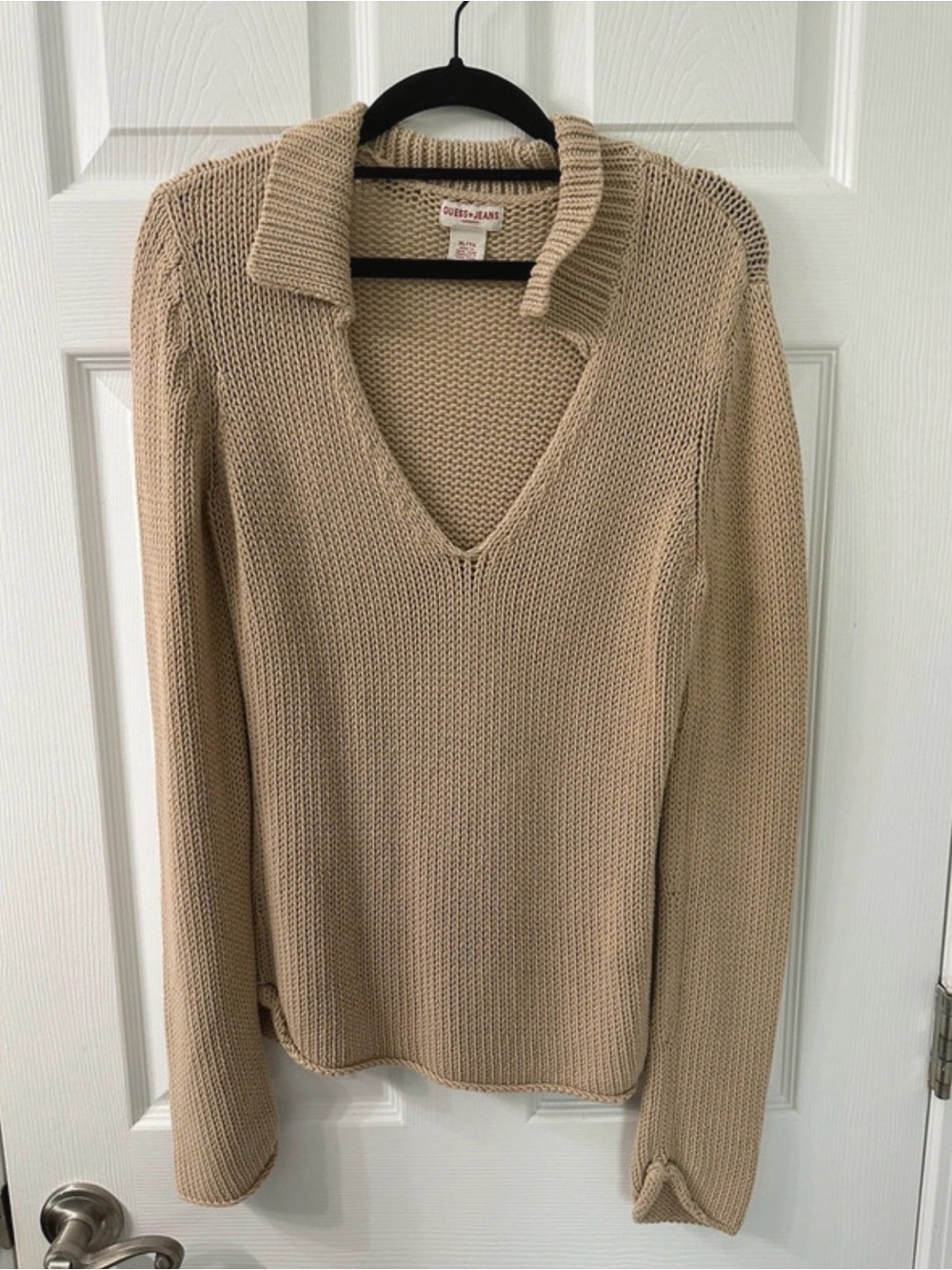 Guess Beige Knit V-Neck Sweater with Fold Collar